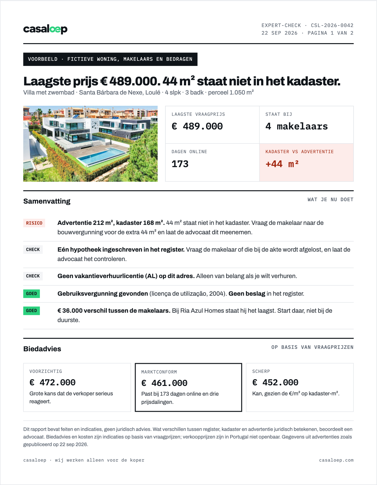 Eerste pagina van een voorbeeldrapport van de expert-check